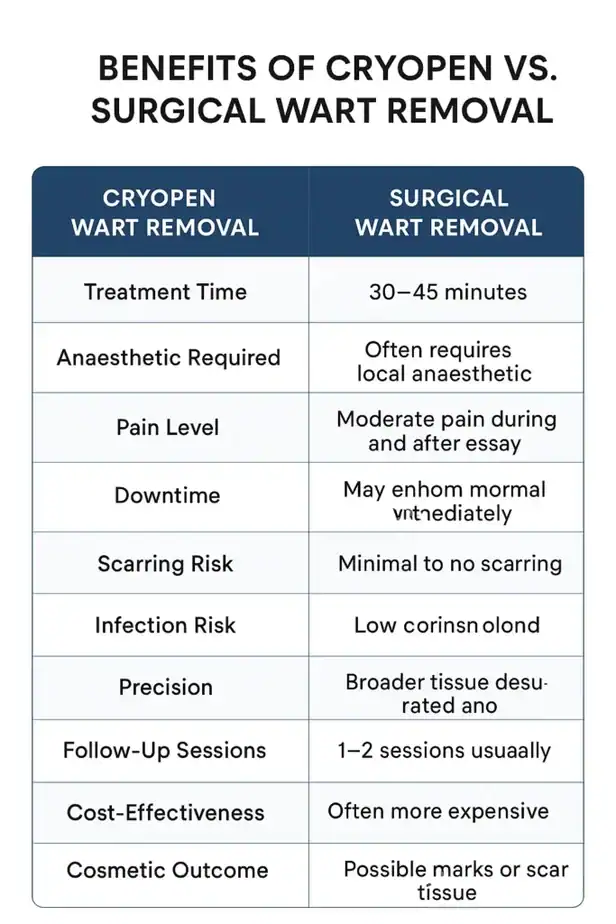 Table showing the benefits of cryopen to remove warts Stirling compared to surgical treatment